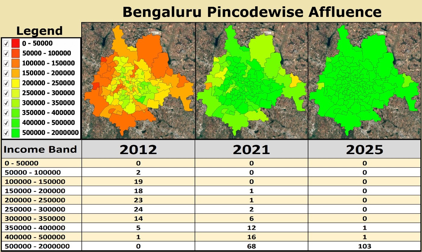 Bengaluru pincode affluence map showing estimated per-capita income bands in 2012, 2021 and 2025