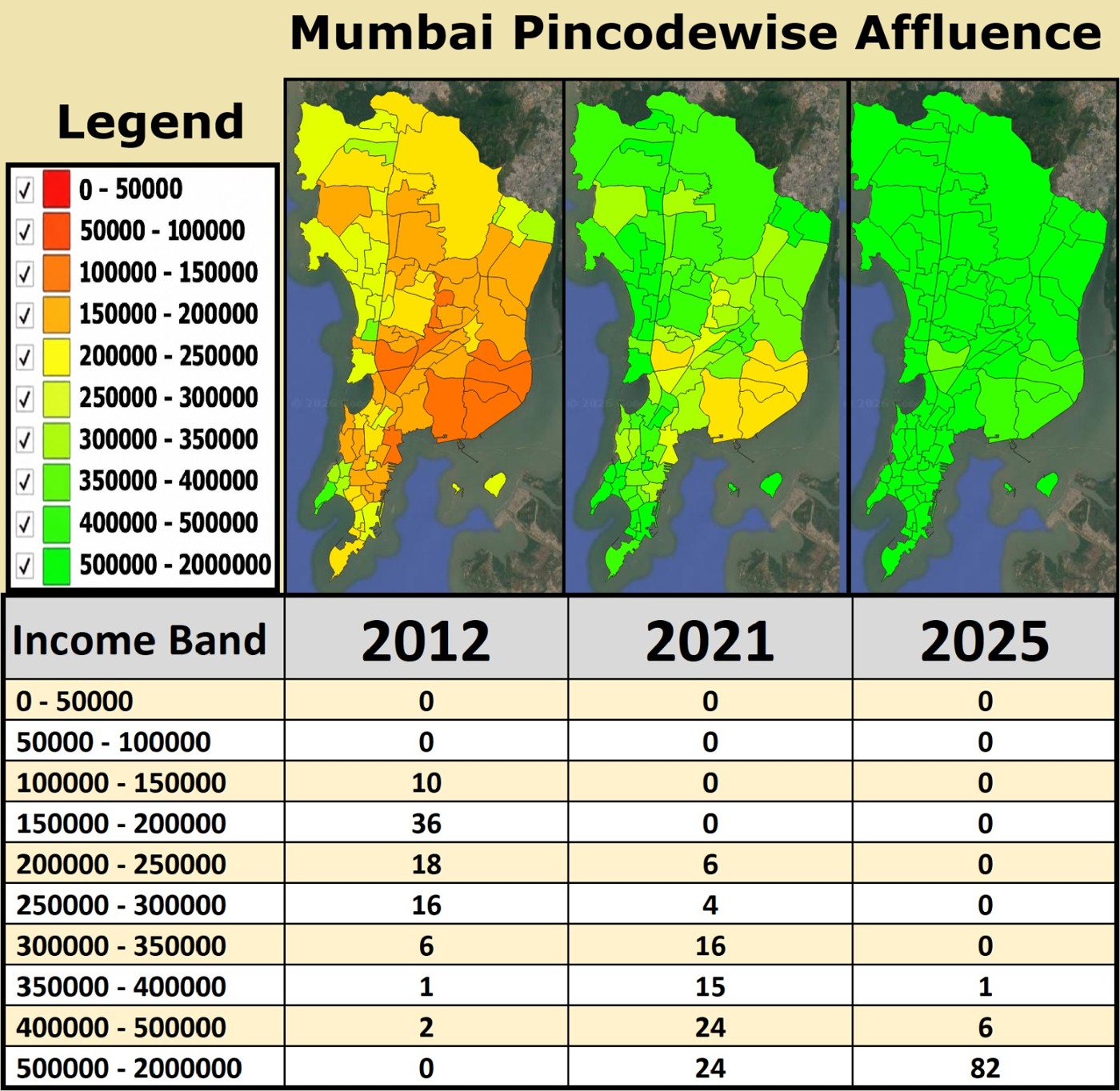 Mumbai pincode affluence map showing estimated per-capita income bands in 2012, 2021 and 2025